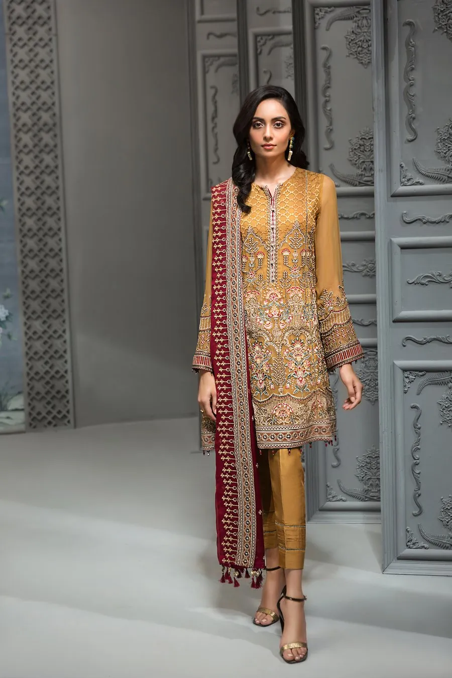 Pakistani Embroidered Party Wear in Mustard Color #J4350