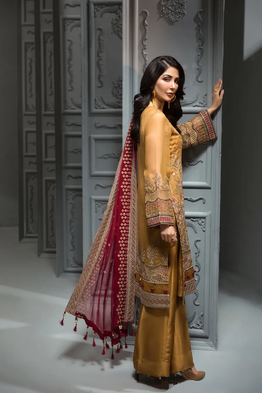 Pakistani Embroidered Party Wear in Mustard Color #J4350