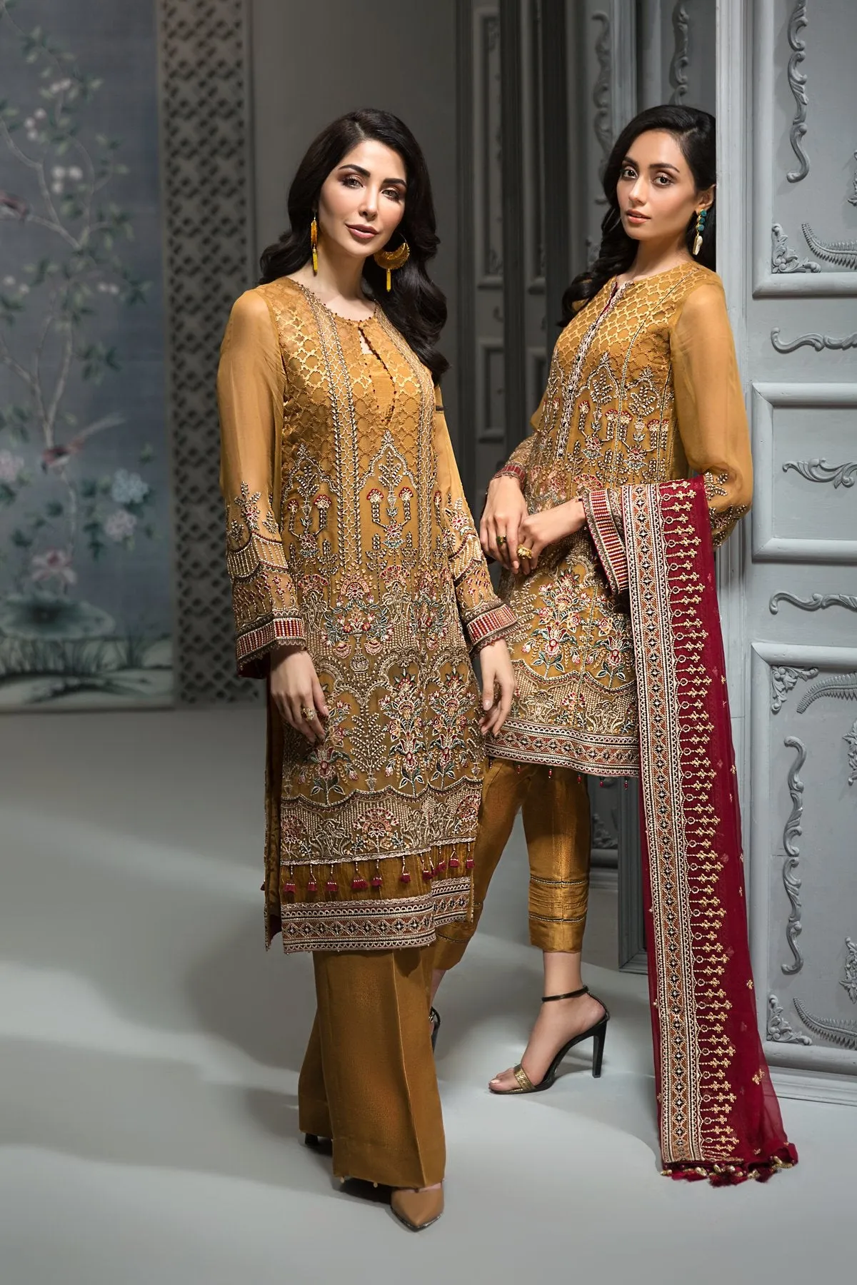 Pakistani Embroidered Party Wear in Mustard Color #J4350