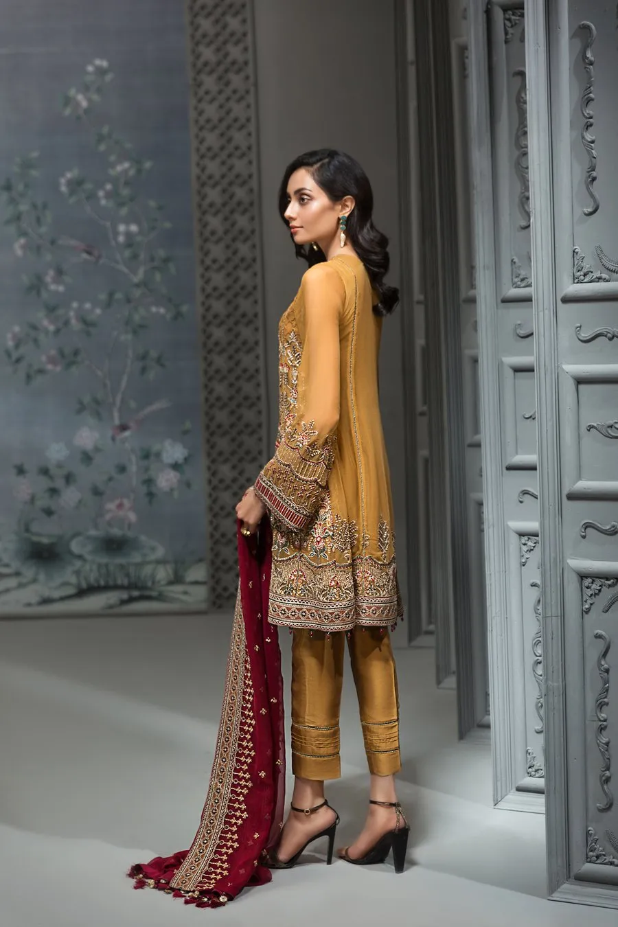 Pakistani Embroidered Party Wear in Mustard Color #J4350