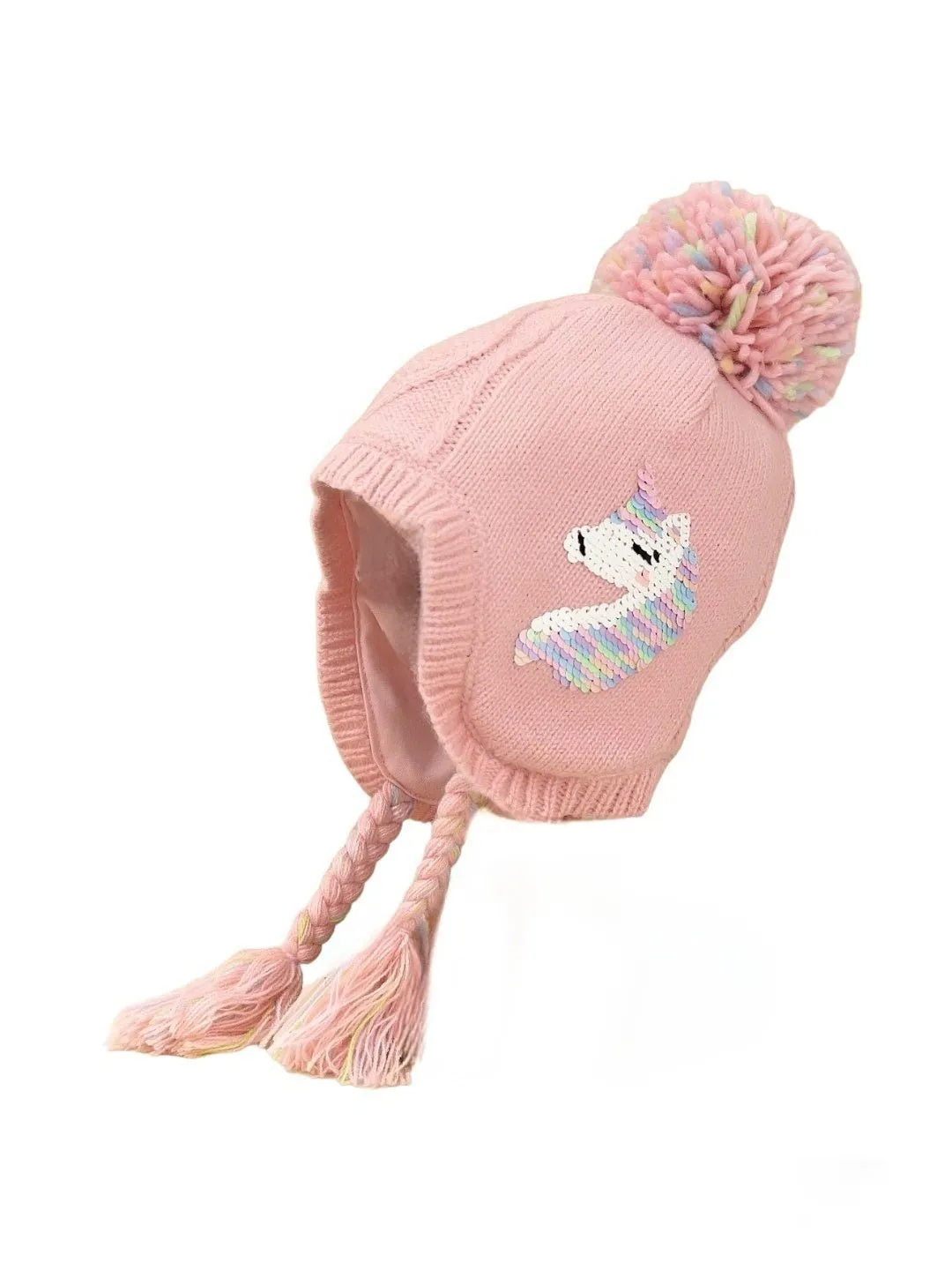 Pink Pom-Pom Winter Hat with Embroidered Unicorn Design for Girls