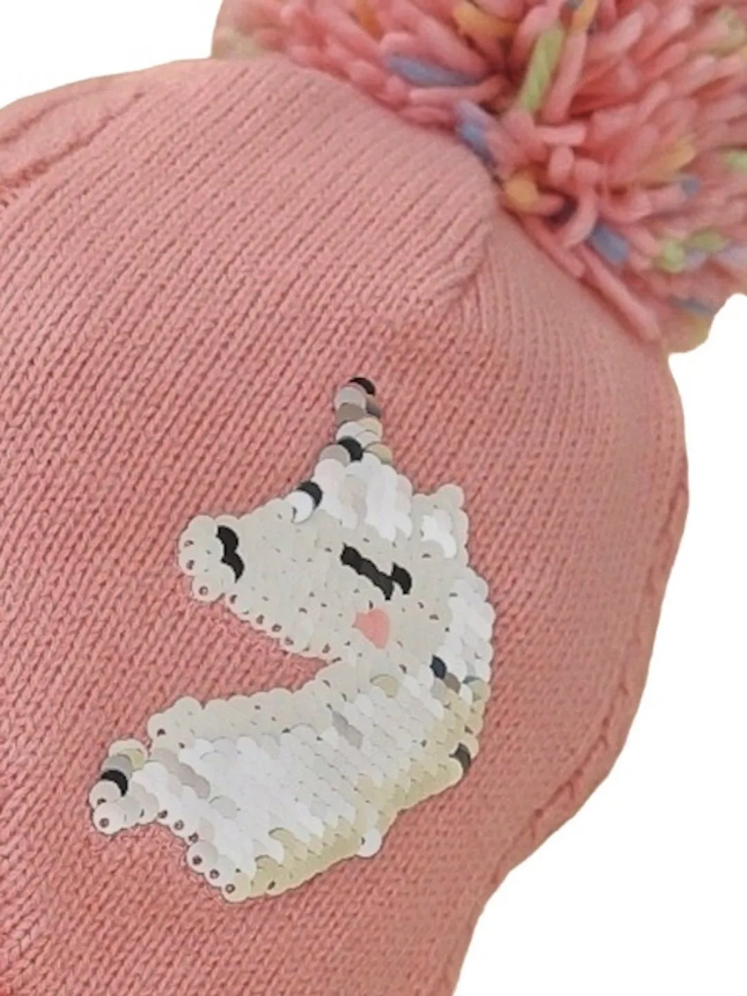 Pink Pom-Pom Winter Hat with Embroidered Unicorn Design for Girls