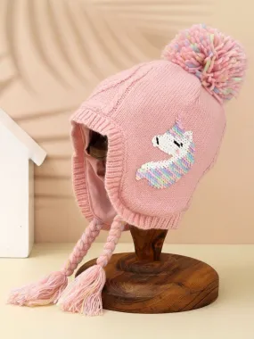 Pink Pom-Pom Winter Hat with Embroidered Unicorn Design for Girls