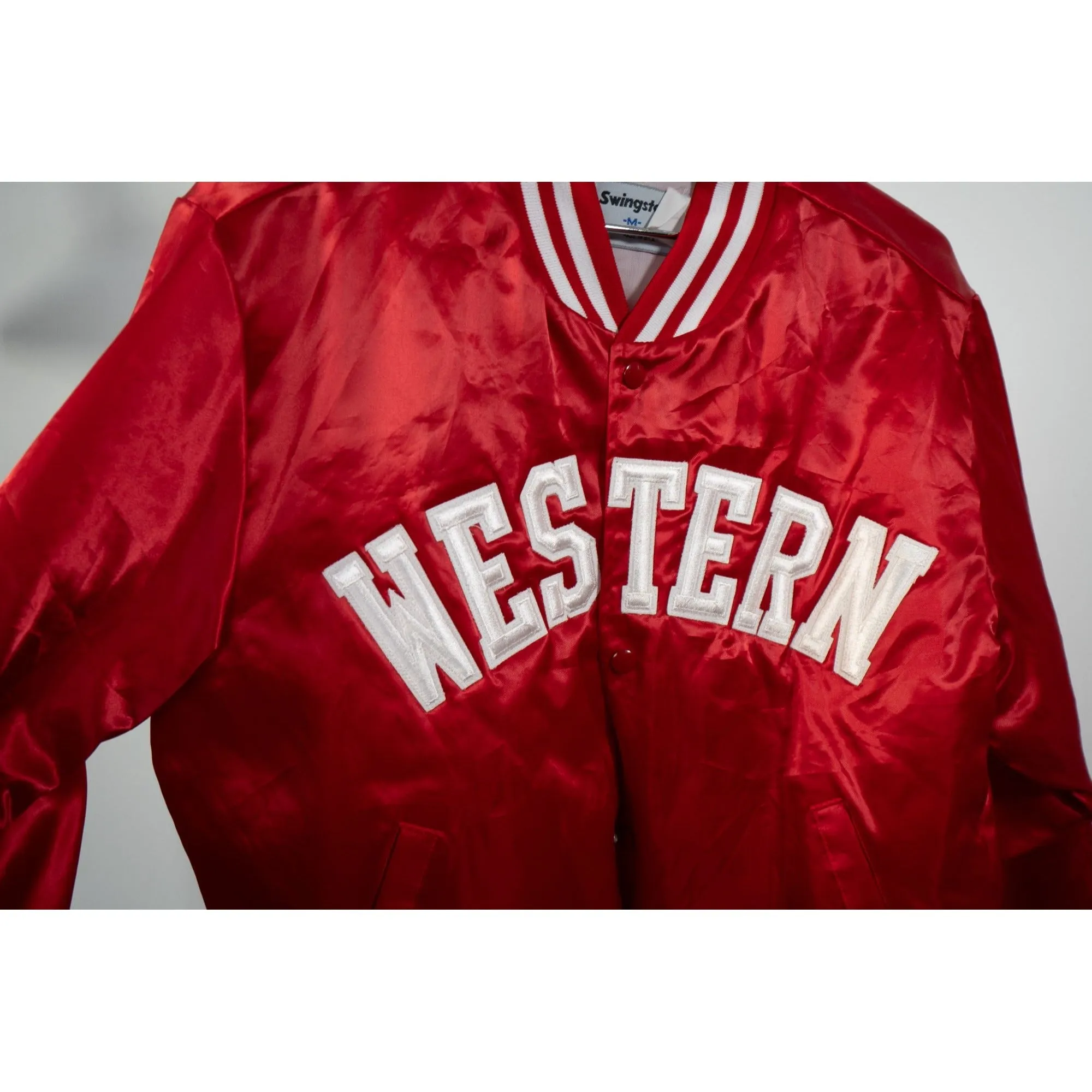 "Retail" Vintage Swingster Quilt Lined "WESTERN" Snap Puffer Varsity Jacket Red Medium