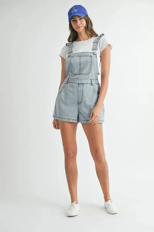 Ruffle Shoulder Denim Overall Romper