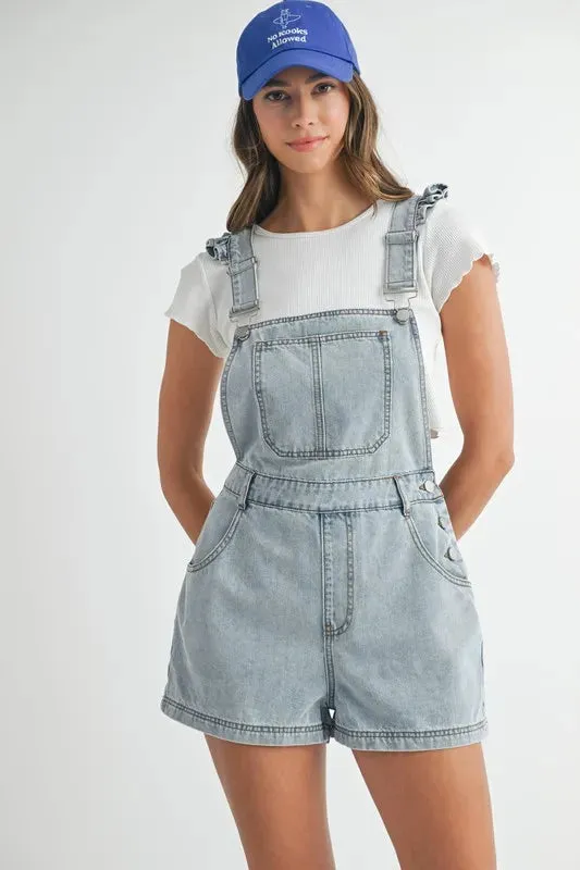 Ruffle Shoulder Denim Overall Romper