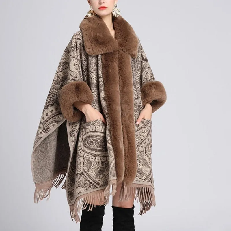 Soft Faux Fur Wool Blends Shawl Overcoat