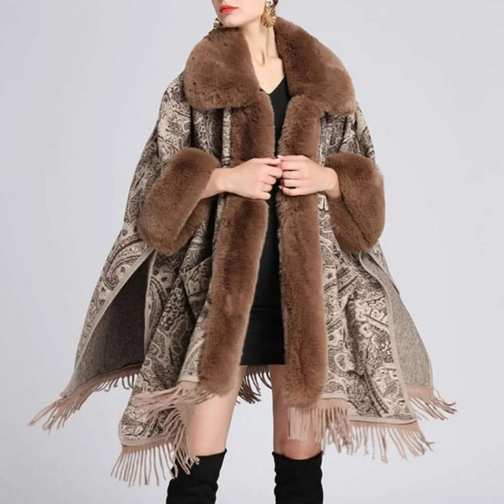 Soft Faux Fur Wool Blends Shawl Overcoat
