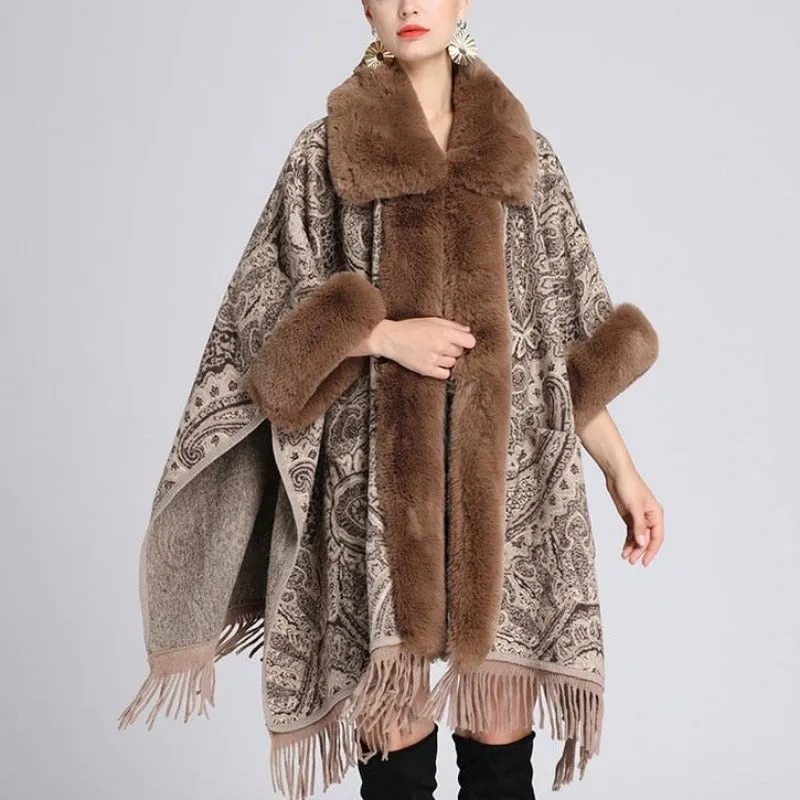 Soft Faux Fur Wool Blends Shawl Overcoat