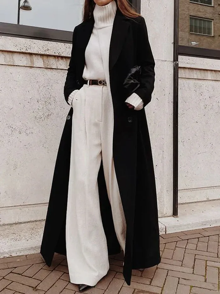 Solid Color Black Long Tweed Coat