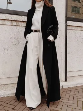 Solid Color Black Long Tweed Coat