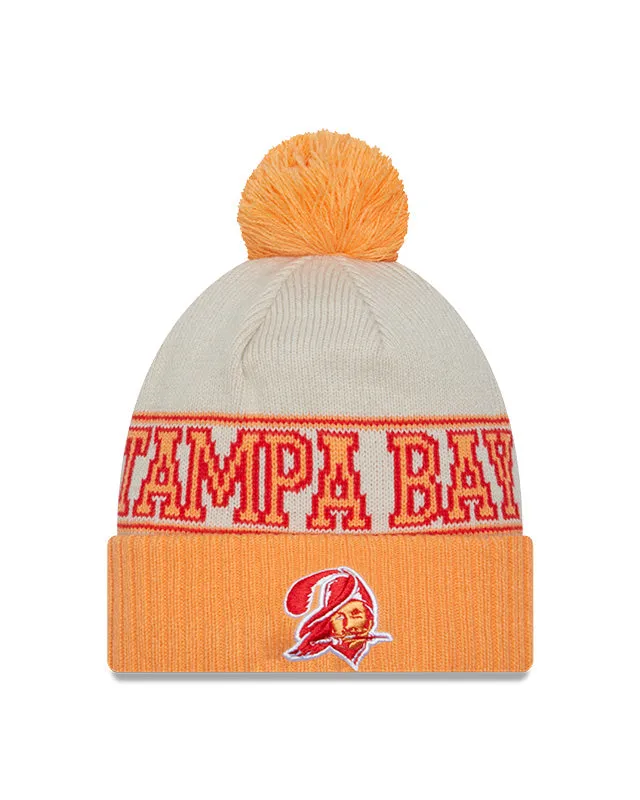 Tampa Bay Buccaneers New Era 2023 Sideline Historic Pom Cuffed Knit Hat - Cream/Yellow
