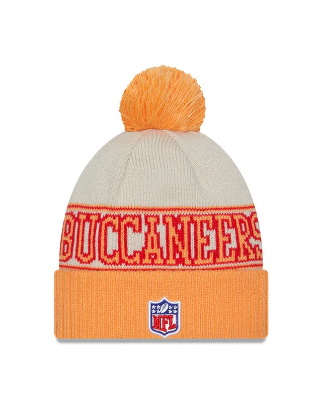 Tampa Bay Buccaneers New Era 2023 Sideline Historic Pom Cuffed Knit Hat - Cream/Yellow