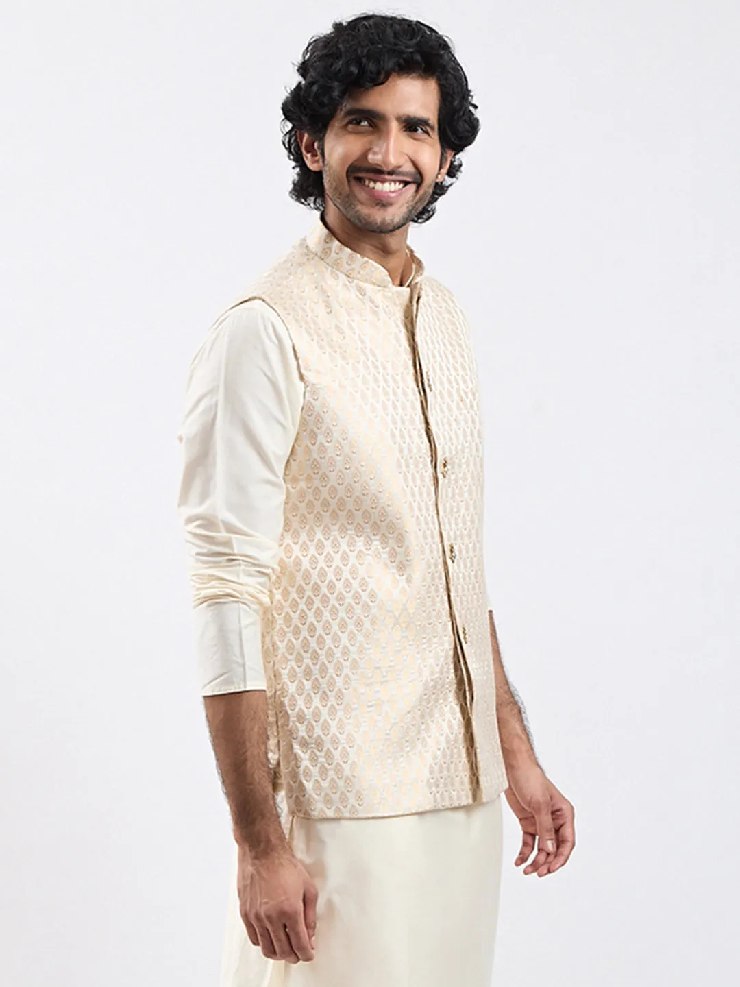 VASTRAMAY Men's Gold - Nehru Jacket,Kurta And Pyjama set for men.