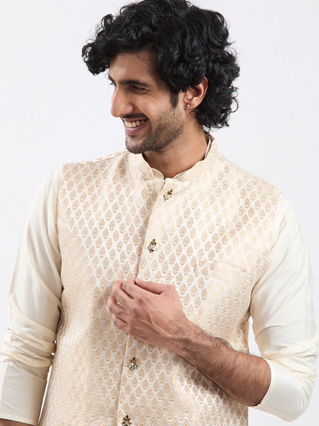 VASTRAMAY Men's Gold - Nehru Jacket,Kurta And Pyjama set for men.