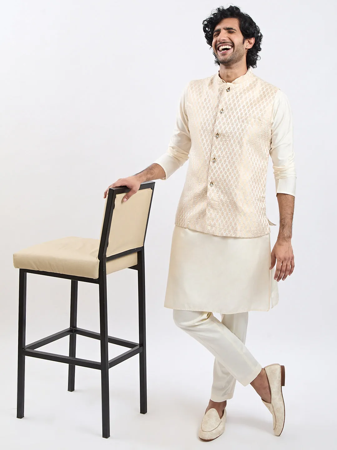VASTRAMAY Men's Gold - Nehru Jacket,Kurta And Pyjama set for men.