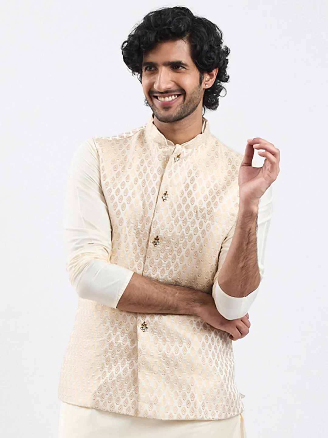 VASTRAMAY Men's Gold - Nehru Jacket,Kurta And Pyjama set for men.