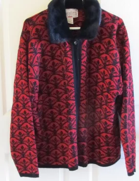 Vintage 1980s Chenille Cardigan Sweater Faux Fur Collar Sz 26/28 Red Black Free Shipping