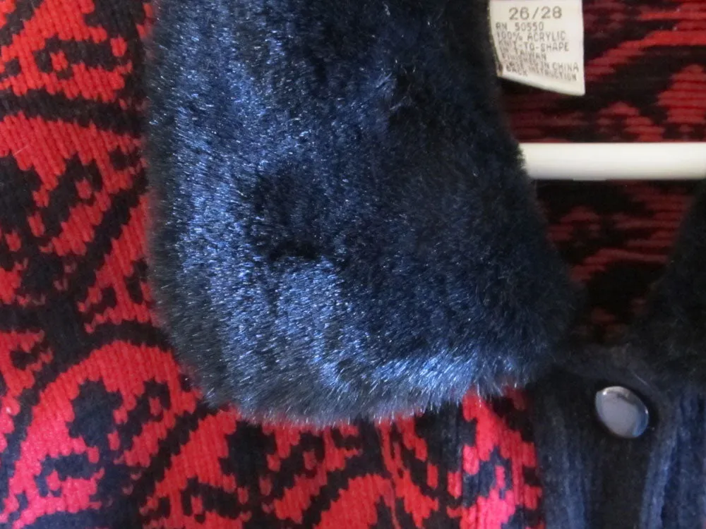 Vintage 1980s Chenille Cardigan Sweater Faux Fur Collar Sz 26/28 Red Black Free Shipping