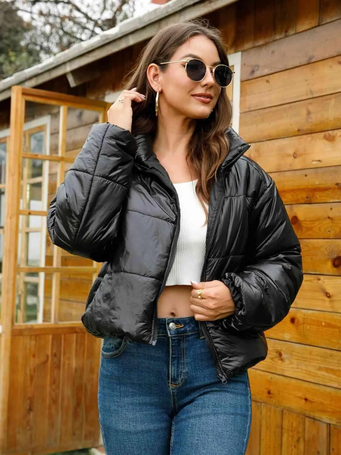 Winter Essential Zip-Up Shiny Black Puffer Jacket