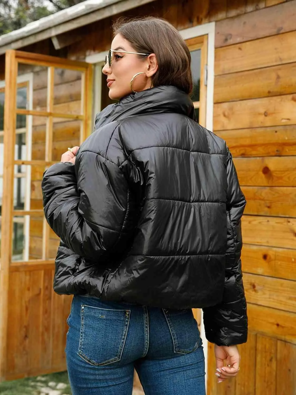 Winter Essential Zip-Up Shiny Black Puffer Jacket
