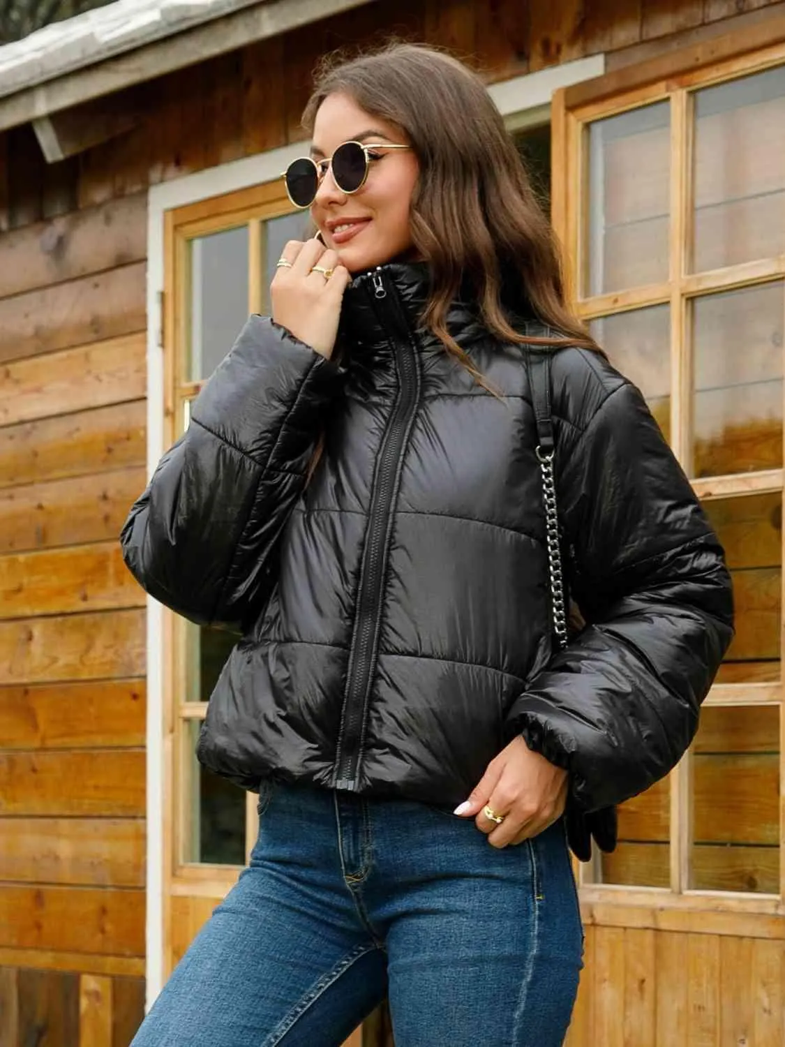 Winter Essential Zip-Up Shiny Black Puffer Jacket