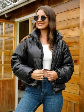 Winter Essential Zip-Up Shiny Black Puffer Jacket