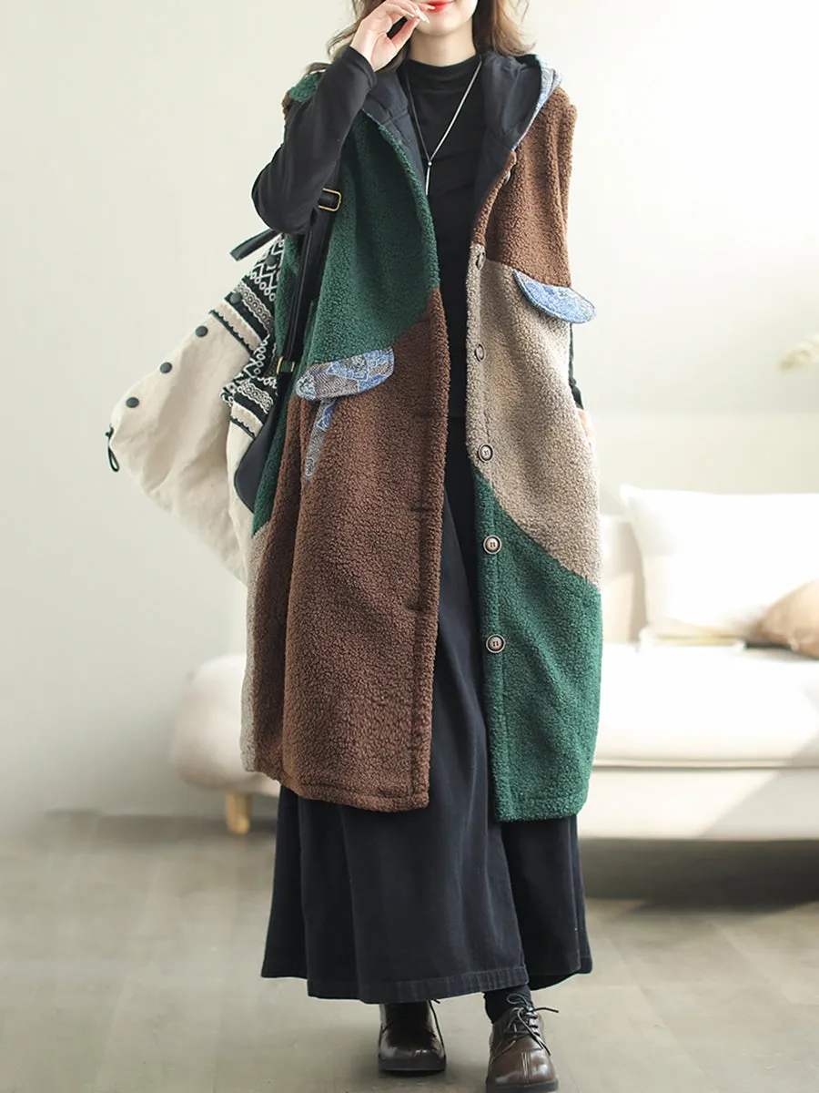 Women Autumn Casual Colorblock Hooded Vest Coat