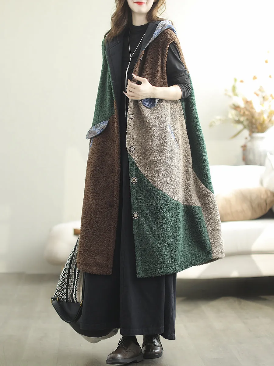 Women Autumn Casual Colorblock Hooded Vest Coat