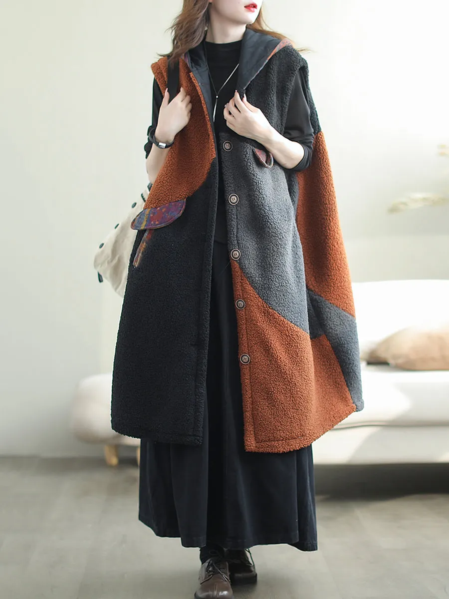 Women Autumn Casual Colorblock Hooded Vest Coat