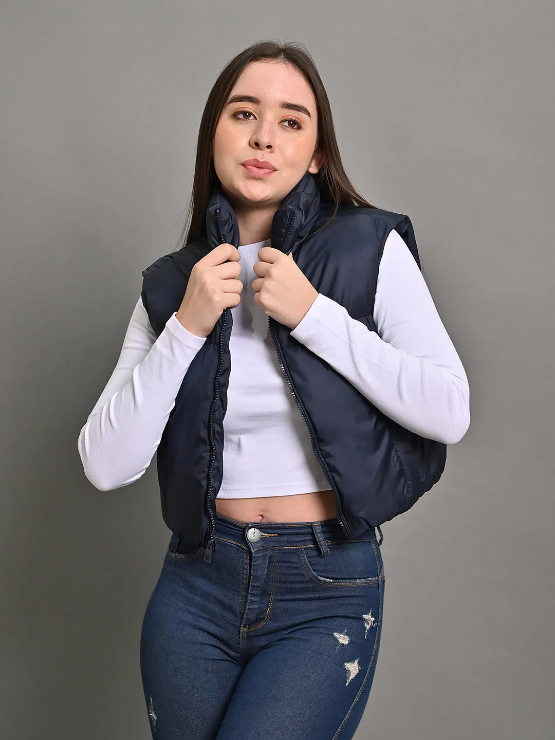 Women Puffer Crop Dark Blue Jacket