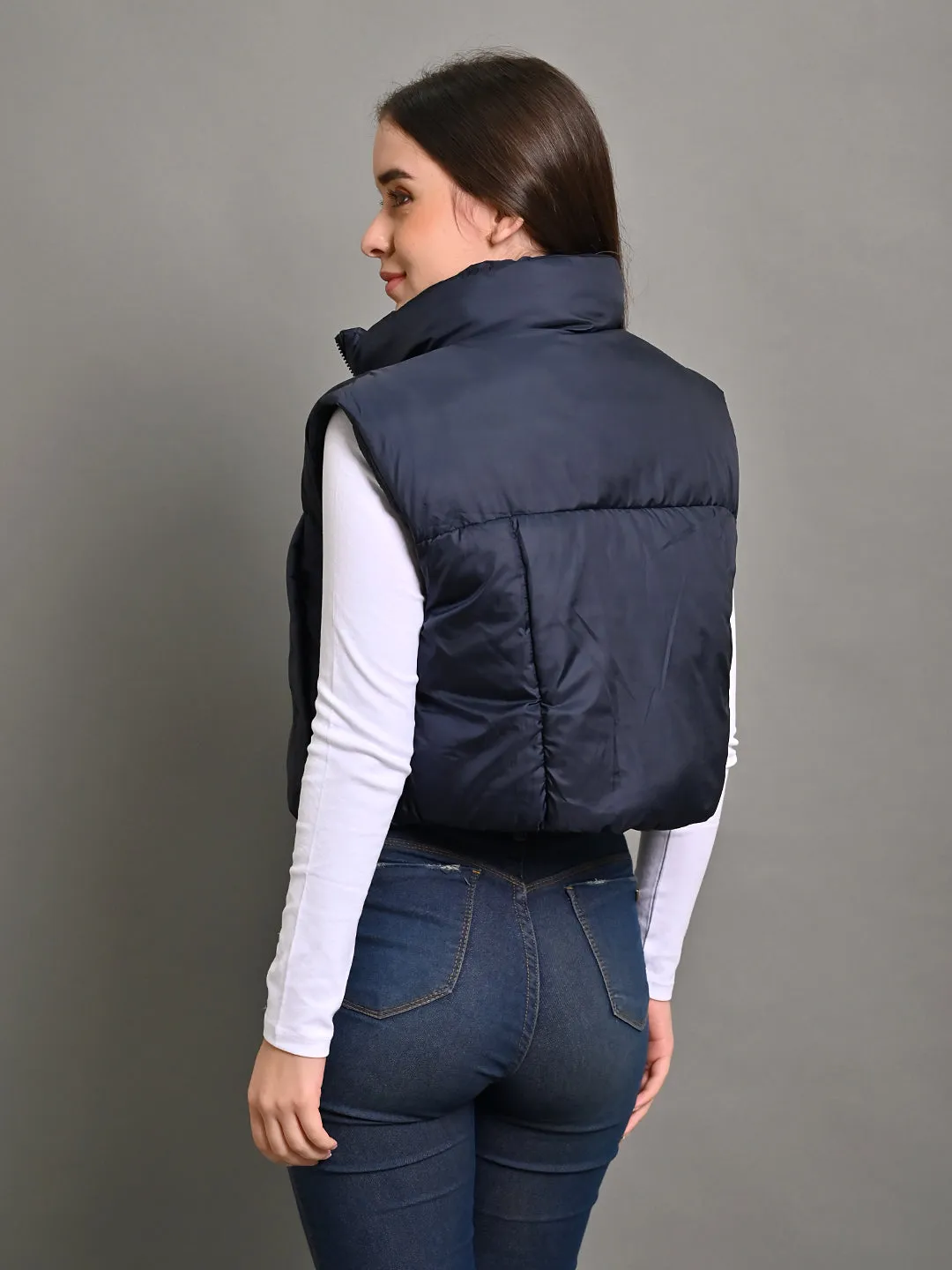 Women Puffer Crop Dark Blue Jacket
