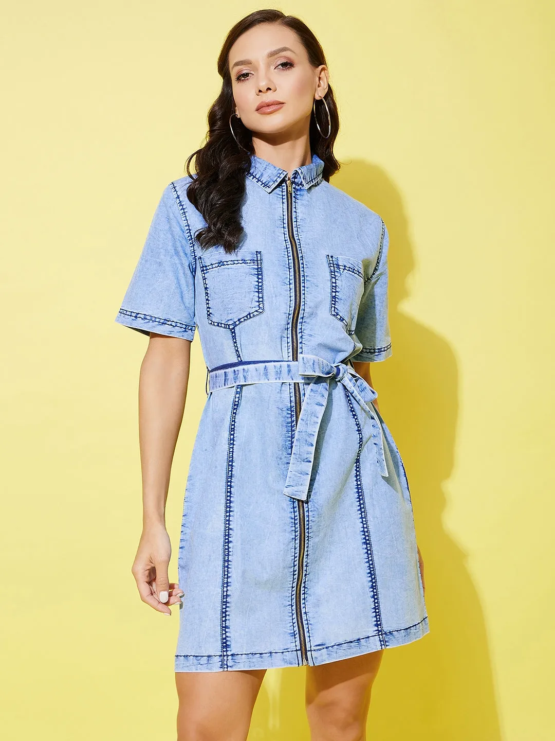 Women's Light Toned Denim Front Zip Dress - StyleStone