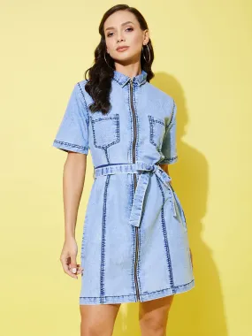 Women's Light Toned Denim Front Zip Dress - StyleStone