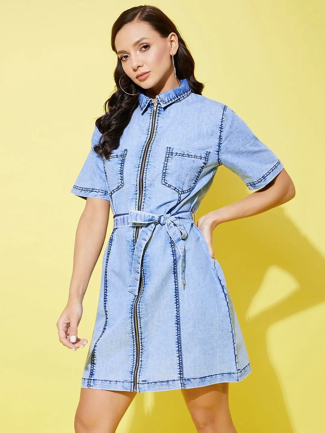 Women's Light Toned Denim Front Zip Dress - StyleStone