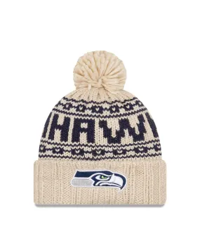 Women's Seattle Seahawks New Era 2021 NFL Sideline Pom Cuffed Knit Hat - Natural