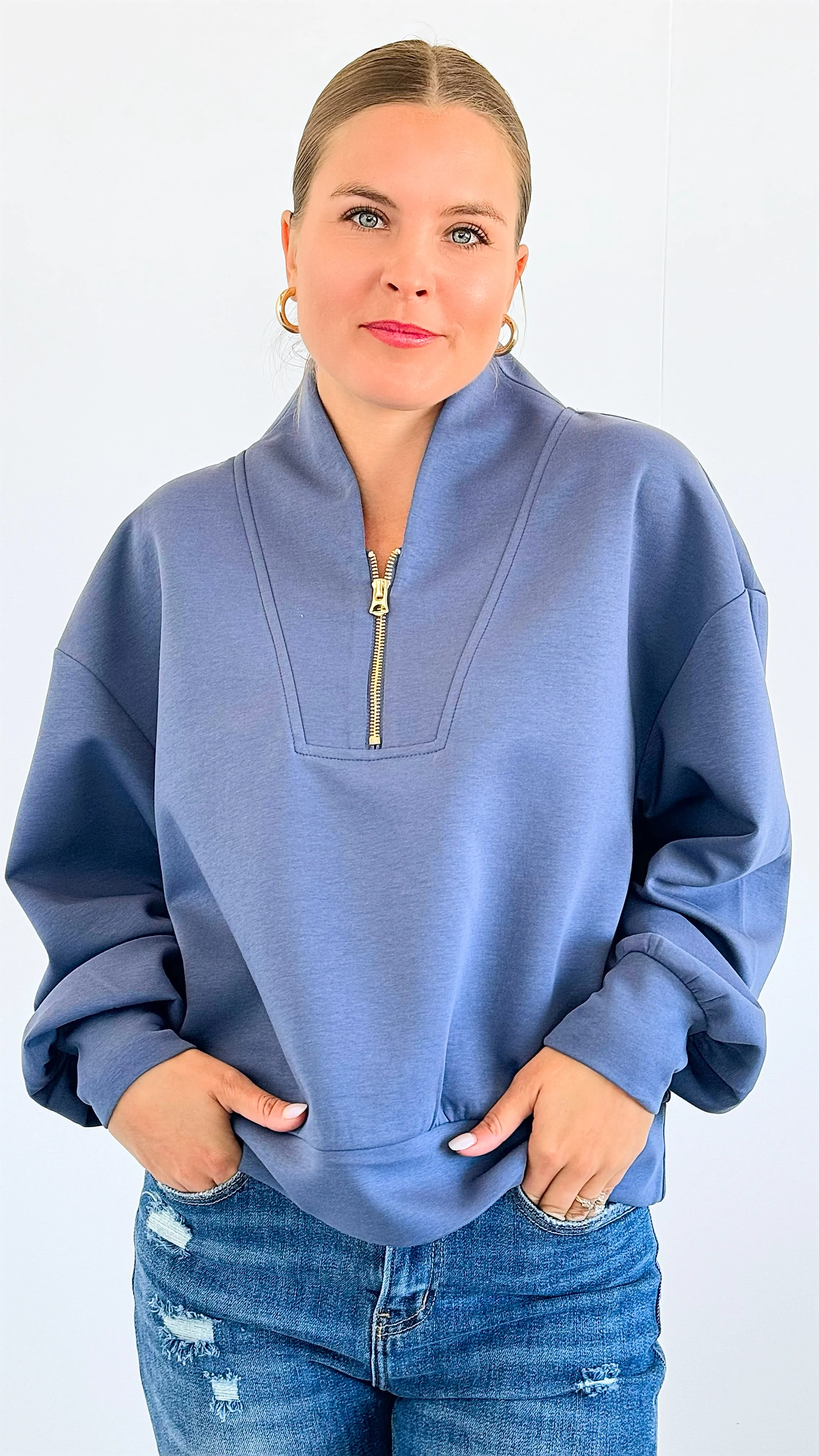 Zip-Up Scuba Long Sleeve Sweatshirt - Denim