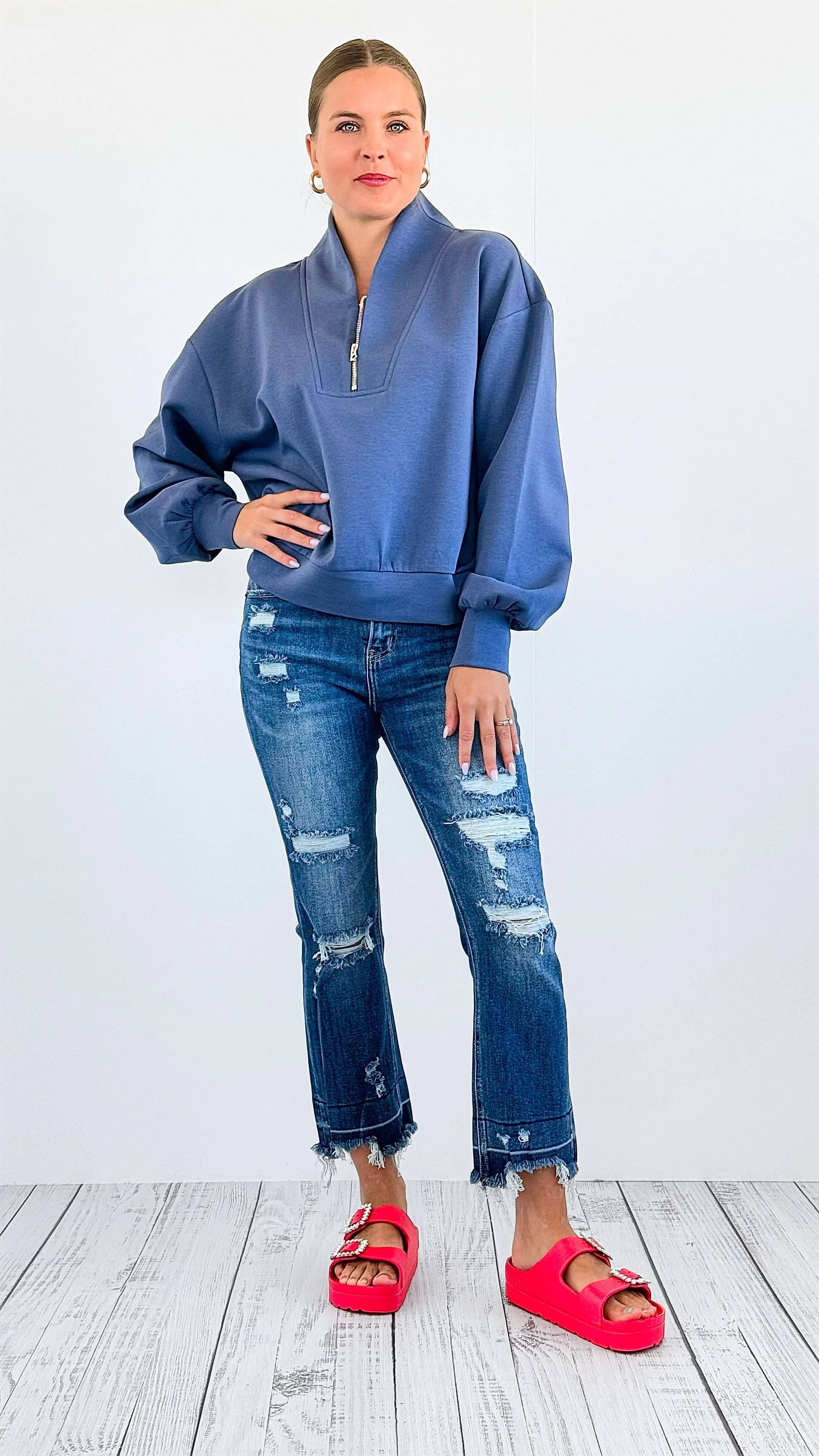 Zip-Up Scuba Long Sleeve Sweatshirt - Denim