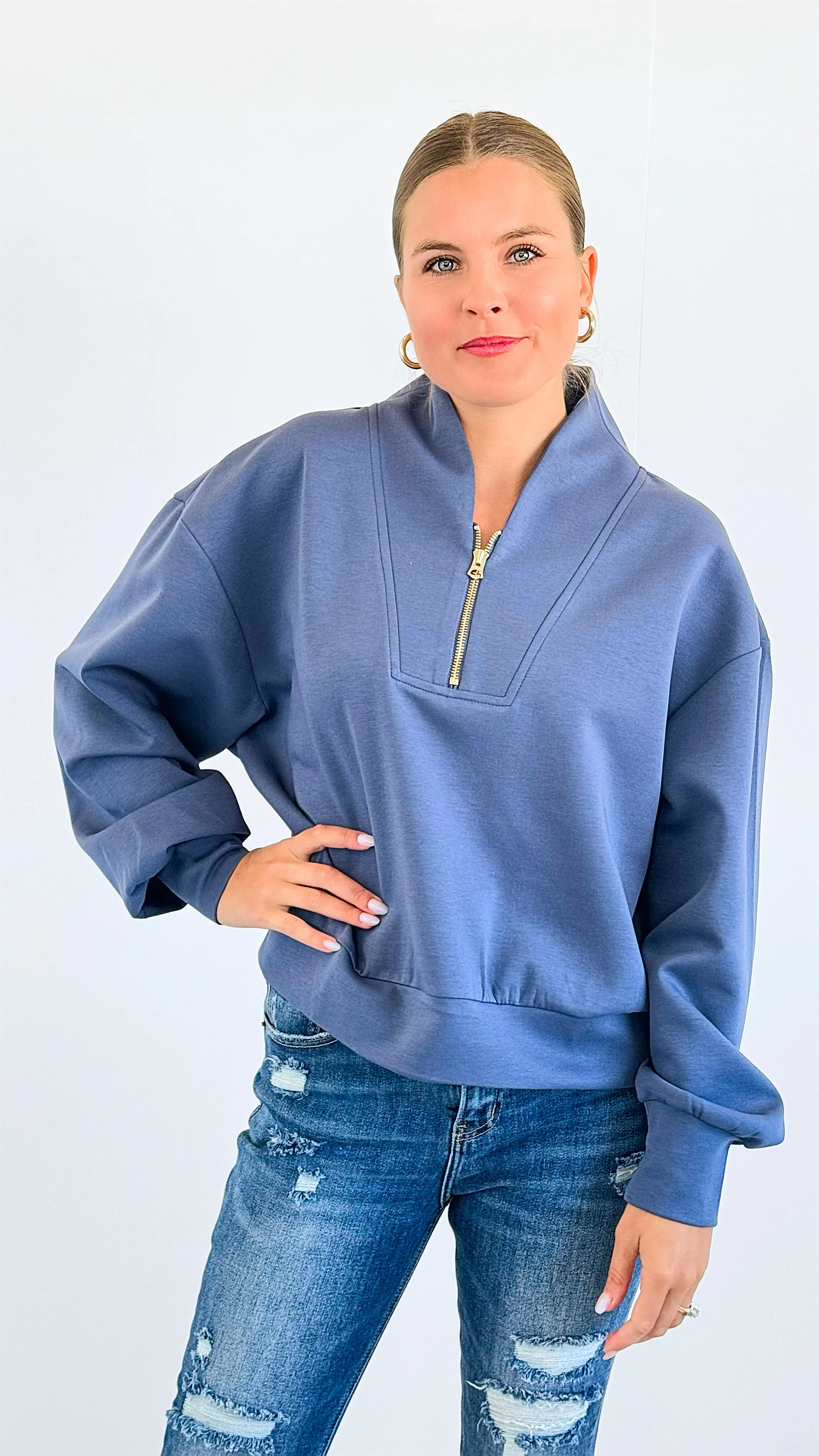 Zip-Up Scuba Long Sleeve Sweatshirt - Denim