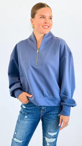 Zip-Up Scuba Long Sleeve Sweatshirt - Denim